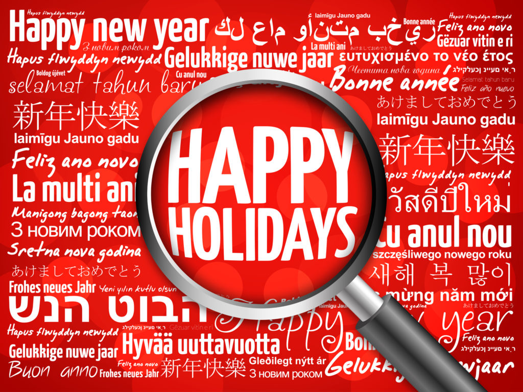 Happy Holidays, Happy New Year in different languages red background, celebration greeting card with magnifying glass