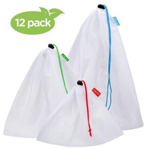 Three reusable produce bags of different sizes.